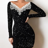 V-Neck Women'S Clothing Slim Long Sleeves Hip Black Dress - Thumbnail 1