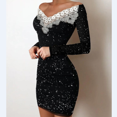 V-neck women's clothing slim long sleeves hip black dress