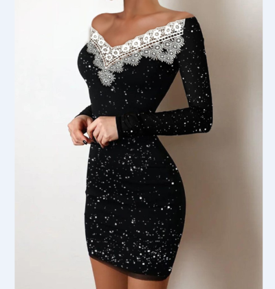 V-Neck Women'S Clothing Slim Long Sleeves Hip Black Dress