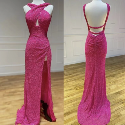 Fuchsia Prom Dresses Mermaid Backless