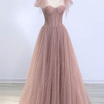 Pink tulle sequins long prom dress evening dress