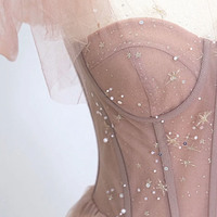 Pink tulle sequins long prom dress evening dress - Thumbnail 2