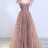 Pink tulle sequins long prom dress evening dress - Thumbnail 4
