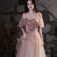 Pink tulle sequins long A line prom dress evening dress - Thumbnail 1