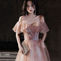 Pink tulle sequins long A line prom dress evening dress - Thumbnail 2