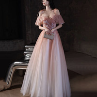 Pink tulle sequins long A line prom dress evening dress - Thumbnail 5