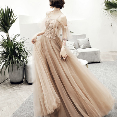 Stylish tulle lace long prom dress a line evening dress - Thumbnail 1