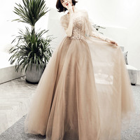 Stylish tulle lace long prom dress A line evening dress - Thumbnail 1