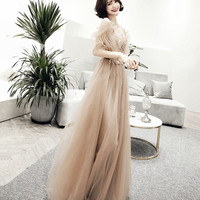 Stylish tulle lace long prom dress A line evening dress - Thumbnail 2