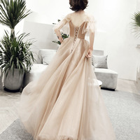 Stylish tulle lace long prom dress A line evening dress - Thumbnail 4