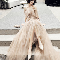 Stylish tulle lace long prom dress A line evening dress - Thumbnail 5