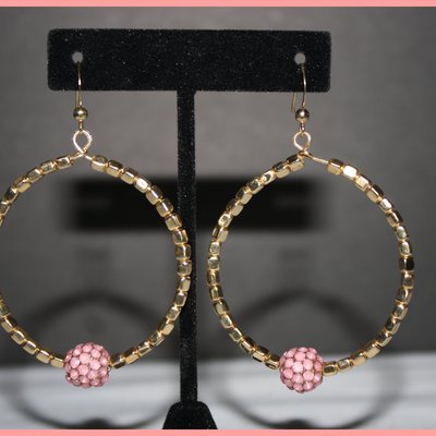 Gold hoop w/pink ball  earrings 