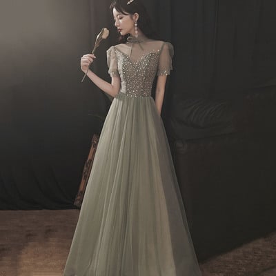 Cute tulle sequins long prom dress a line evening gown - Thumbnail 2