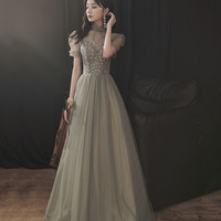 Cute tulle sequins long prom dress A line evening gown - Thumbnail 1