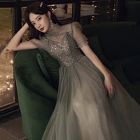 Cute tulle sequins long prom dress A line evening gown - Thumbnail 3