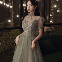 Cute tulle sequins long prom dress A line evening gown - Thumbnail 4