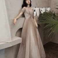 Stylish tulle sequins long prom dress A line evening dress - Thumbnail 1