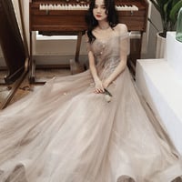 Stylish tulle sequins long prom dress A line evening dress - Thumbnail 3