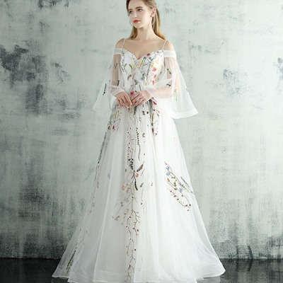 White tulle lace long prom dress a line evening dress - Thumbnail 2