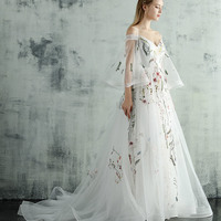 White tulle lace long prom dress A line evening dress - Thumbnail 1