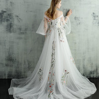 White tulle lace long prom dress A line evening dress - Thumbnail 2