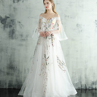 White tulle lace long prom dress A line evening dress - Thumbnail 3