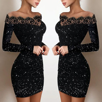 Fashion Black Off-The-Shoulder Sequin Lace Skinny Long Sleeve Dress - Thumbnail 1