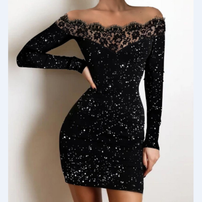 Fashion black off-the-shoulder sequin lace skinny long sleeve dress