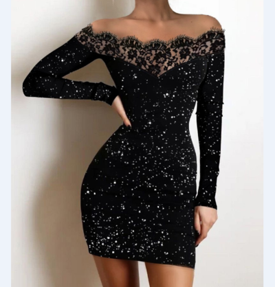 Fashion Black Off-The-Shoulder Sequin Lace Skinny Long Sleeve Dress