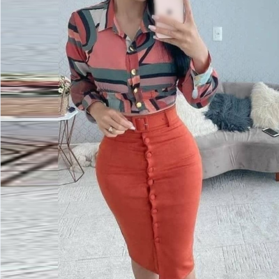 Casual printed long sleeve high waist two piece suit