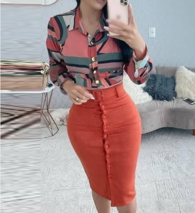 Casual Printed Long Sleeve High Waist Two Piece Suit