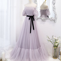 Purple tulle long prom dress A line evening dress - Thumbnail 1