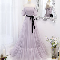 Purple tulle long prom dress A line evening dress - Thumbnail 3