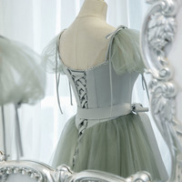 Green satin tulle long prom dress A line evening dress - Thumbnail 2