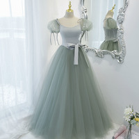 Green satin tulle long prom dress A line evening dress - Thumbnail 4