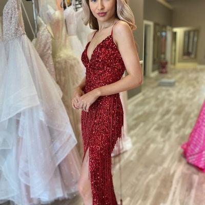 Stunning mermaid v neck red velvet sequins prom dresses with beading - Thumbnail 2