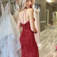 Stunning Mermaid V Neck Red Velvet Sequins Prom Dresses with Beading - Thumbnail 1