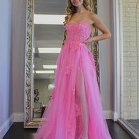 Cute A Line Scoop Neck Straps Pink Lace Prom Dress with Slit - Thumbnail 1