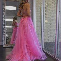 Cute A Line Scoop Neck Straps Pink Lace Prom Dress with Slit - Thumbnail 2