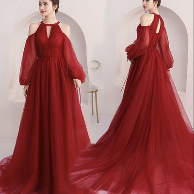 Red tulle long prom dress a line evening dress - Thumbnail 3