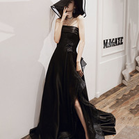 Black satin tulle high low prom dress evening dress - Thumbnail 1