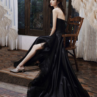 Black satin tulle high low prom dress evening dress - Thumbnail 3