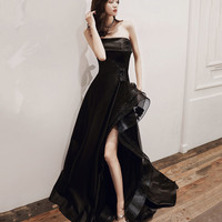 Black satin tulle high low prom dress evening dress - Thumbnail 4