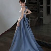 Blue satin long prom dress A line evening dress - Thumbnail 1