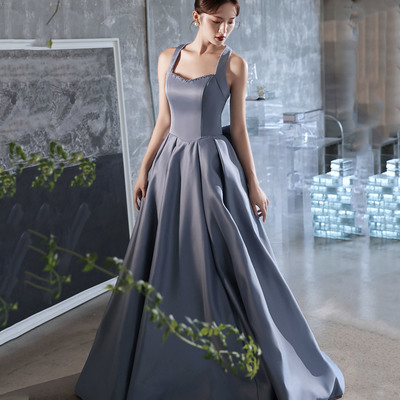 Blue satin long prom dress a line evening dress - Thumbnail 3
