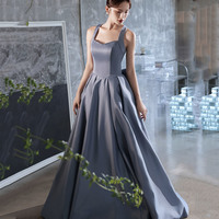 Blue satin long prom dress A line evening dress - Thumbnail 4