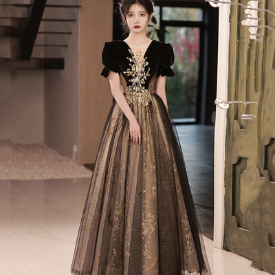 Black tulle sequins long prom dress a line evening dress