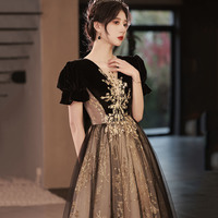 Black tulle sequins long prom dress A line evening dress - Thumbnail 2