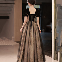 Black tulle sequins long prom dress A line evening dress - Thumbnail 4