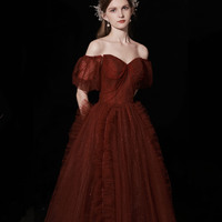 Burgundy tulle long prom dress A line evening gown - Thumbnail 2